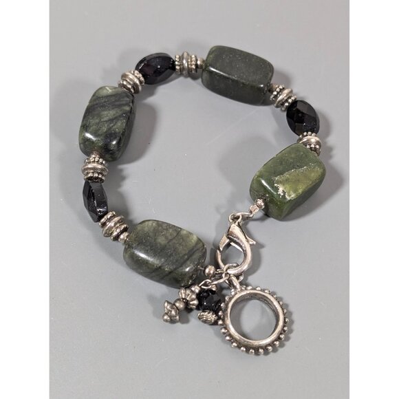 Polished Green Stone Bead Black Faceted Glass Bracelet Chunky Boho Statement 7" - Picture 1 of 7